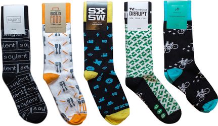Swag.com Customizable Socks shown with 5 different example designs and colors